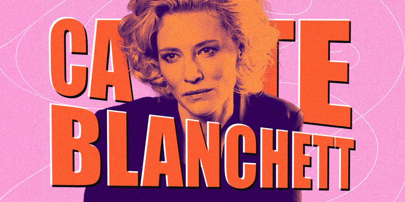 Blended image showing Cate Blanchett with her name in large red letters.