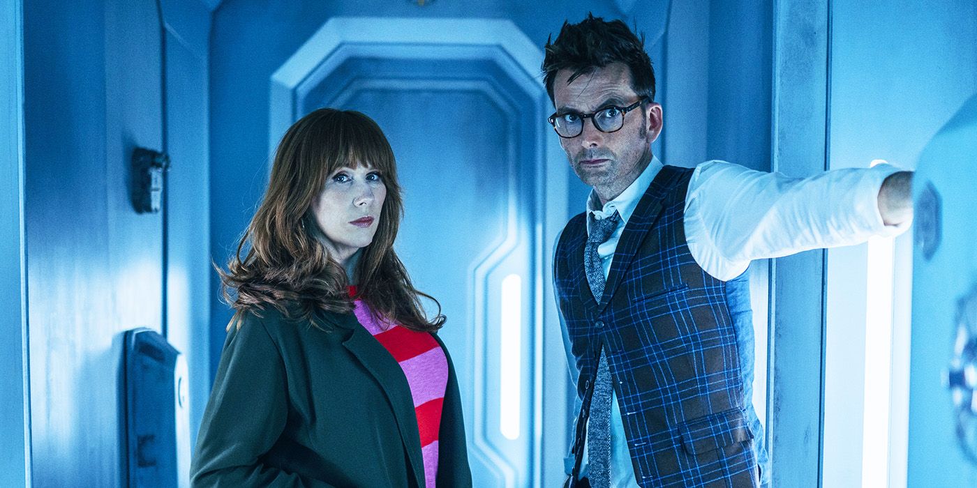 Catherine Tate as Donna Noble and David Tennant as the Doctor standing in a spaceship looking at the camera in Doctor Who&rsquo;s 60th anniversary special