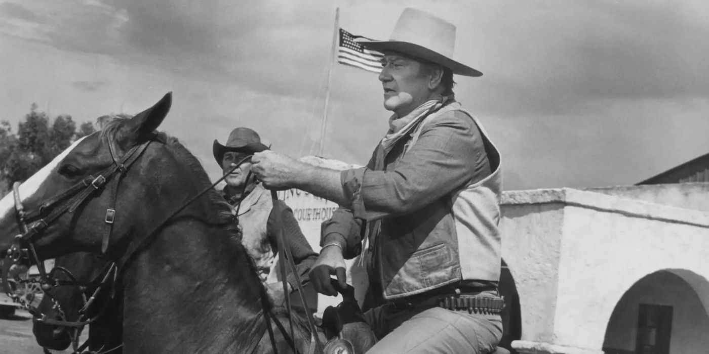 John Wayne riding a horse in Chisum