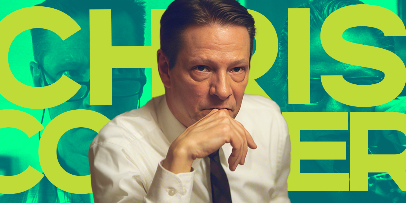 Blended image showing Chris Cooper in three different movies with his name in large green letters on the background.