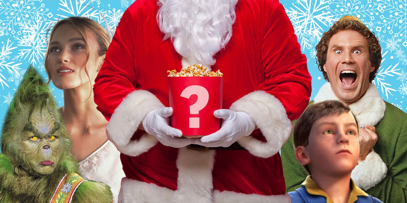 The Grinch, Love Actually, Elf, and The Polar Express in an image with Santa holding popcorn