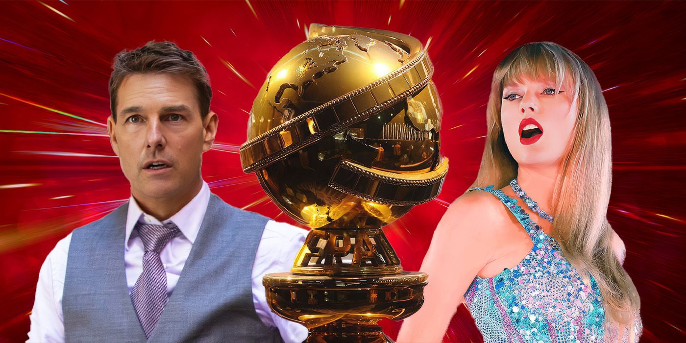 A Golden Globes trophy, alongside Tom Cruise in Mission Impossible - Dead Reckoning Part 1 and Taylor Swift in Taylor Swift: The Eras Tour