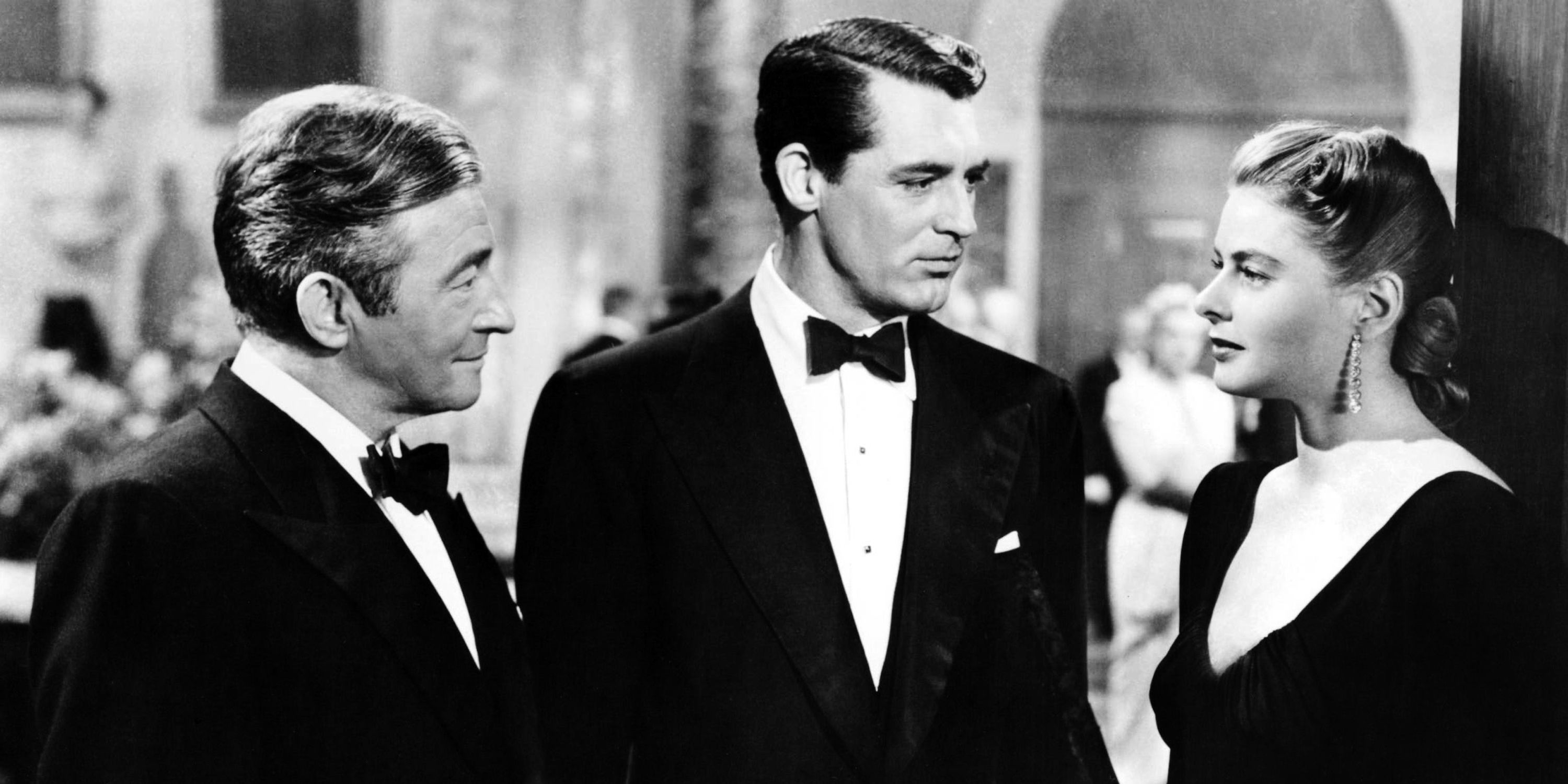 Claude Rains, Cary Grant, and Ingrid Bergman conversing in 'Notorious' 