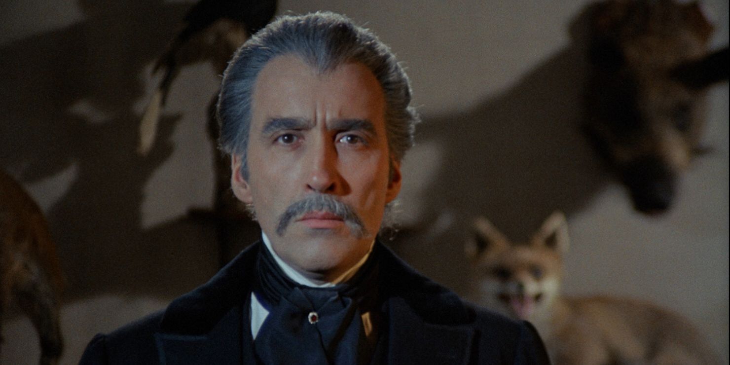 A chin up close up of Christopher Lee's Dracula staring sternly ahead toward the camera in Jesús Franco's 1970 Count Dracula