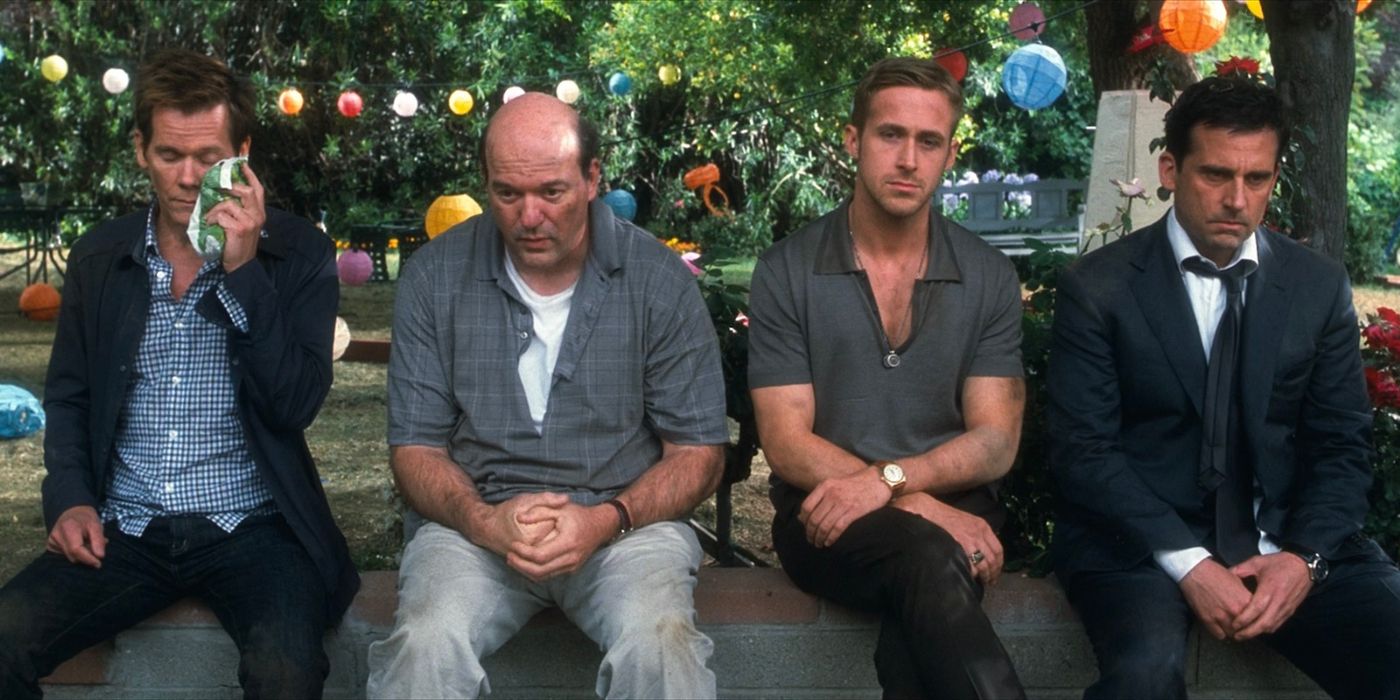 Four men sit on a bench in a garden, nursing their wounds after a fight in Crazy, Stupid Love