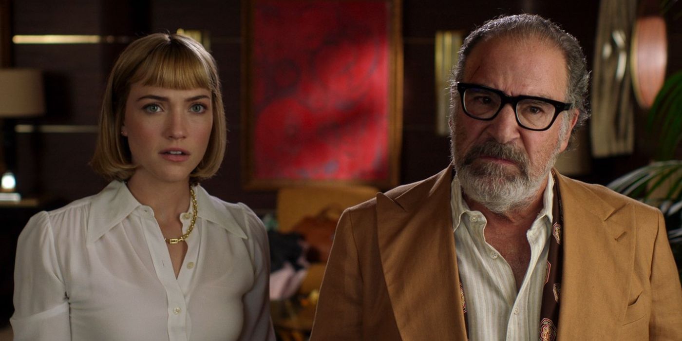 Violett Beane and Mandy Patinkin standing together in Death and Other Details