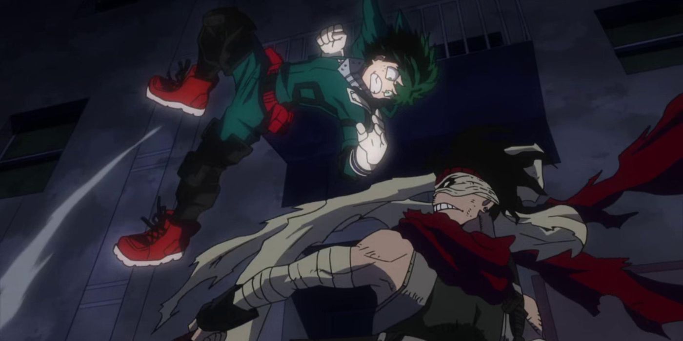 Deku in the air about to punch Hero Killer Stain in My Hero Academia