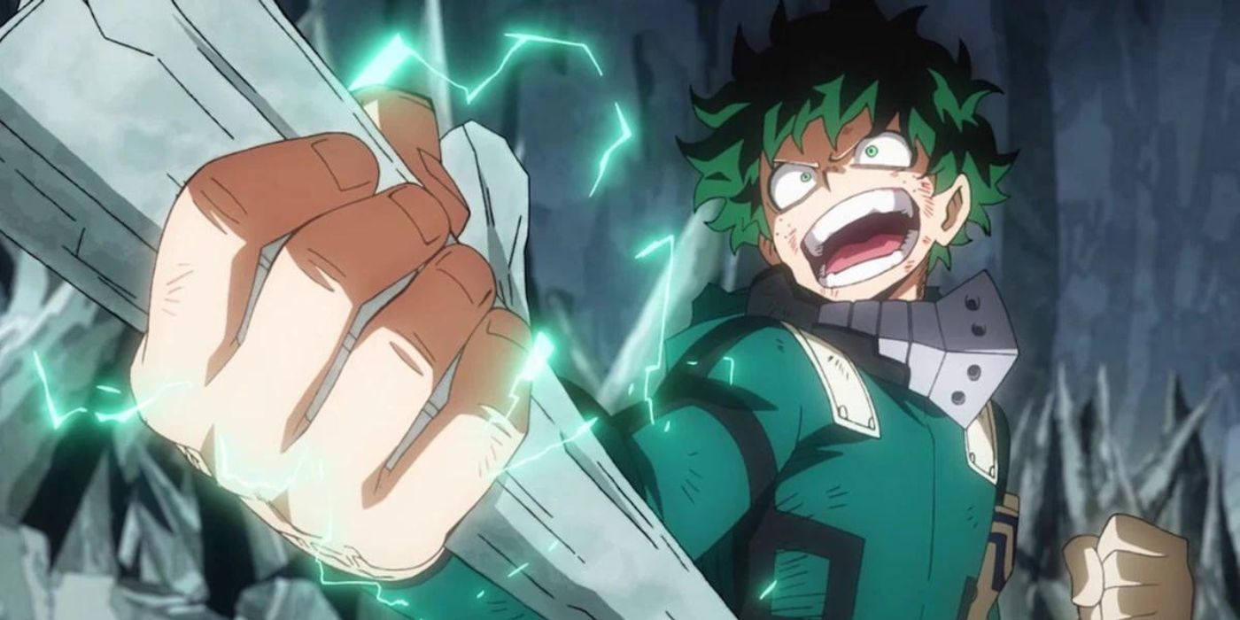 Deku shouts holding a cement spike in My Hero Academia