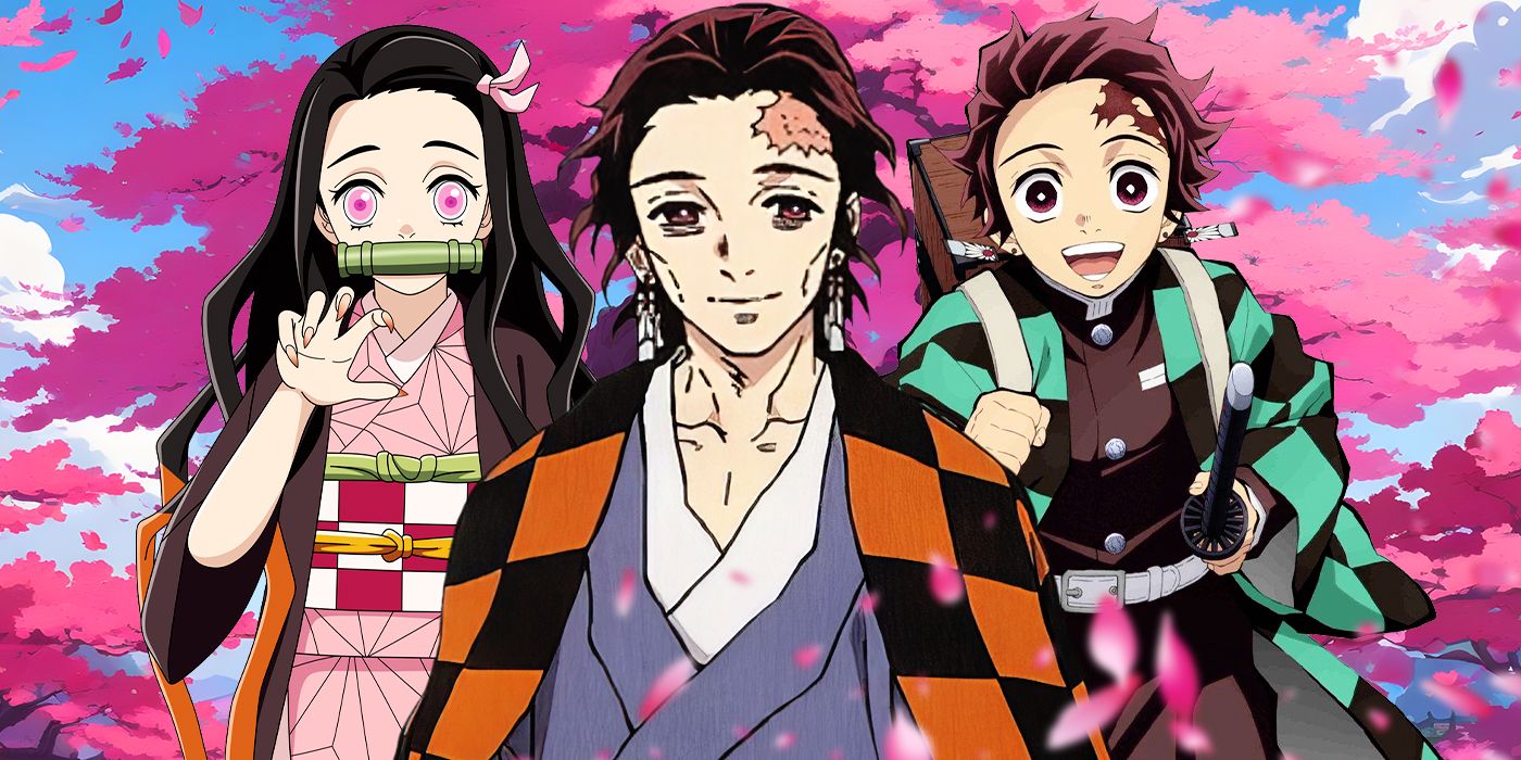 Nezuko, Tanjuro and Tanjiro with a colorful background