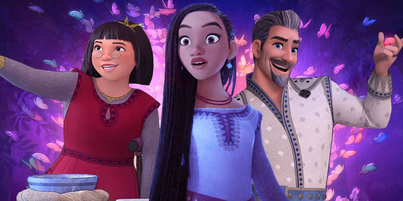 Blended image showing characters from the Disney movie Wish.