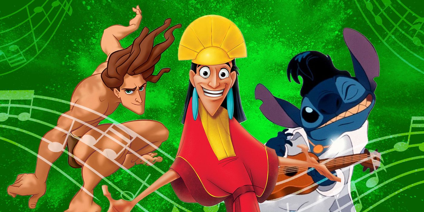 A custom Collider image of Tarzan, Kuzco from The Emperor's New Groove, and Stitch from Lilo and Stitch in front of a green background with music notes