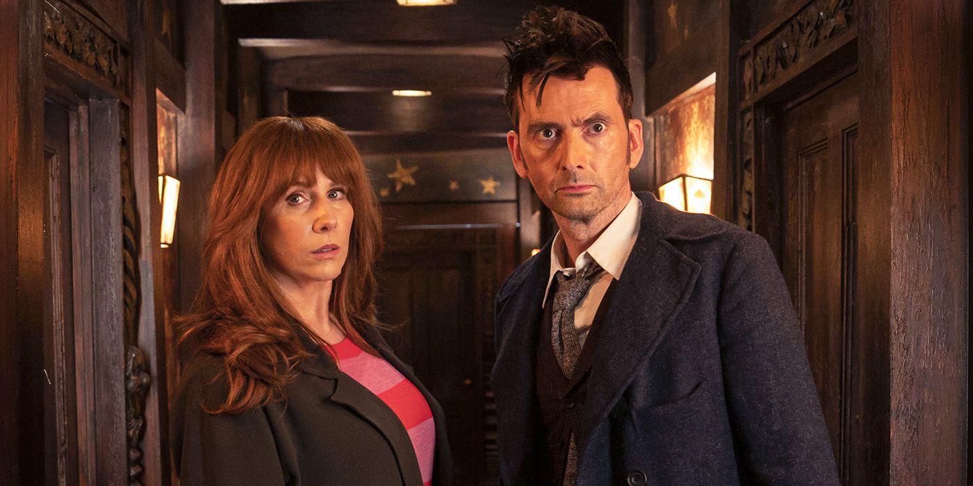 Catherine Tate as Donna Noble and David Tennant as The Fourteenth Doctor in a wood lined hallway in the Doctor Who anniversary special 