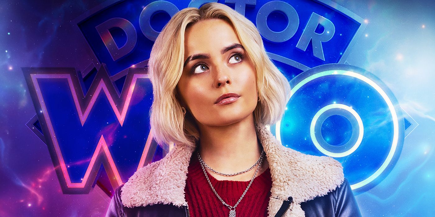 Millie Gibson as Ruby Sunday in front of the Doctor Who logo