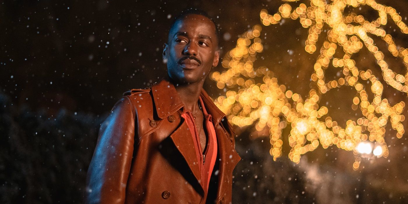 Ncuti Gatwa as the Doctor standing in the snow in Doctor Who: The Church on Ruby Road