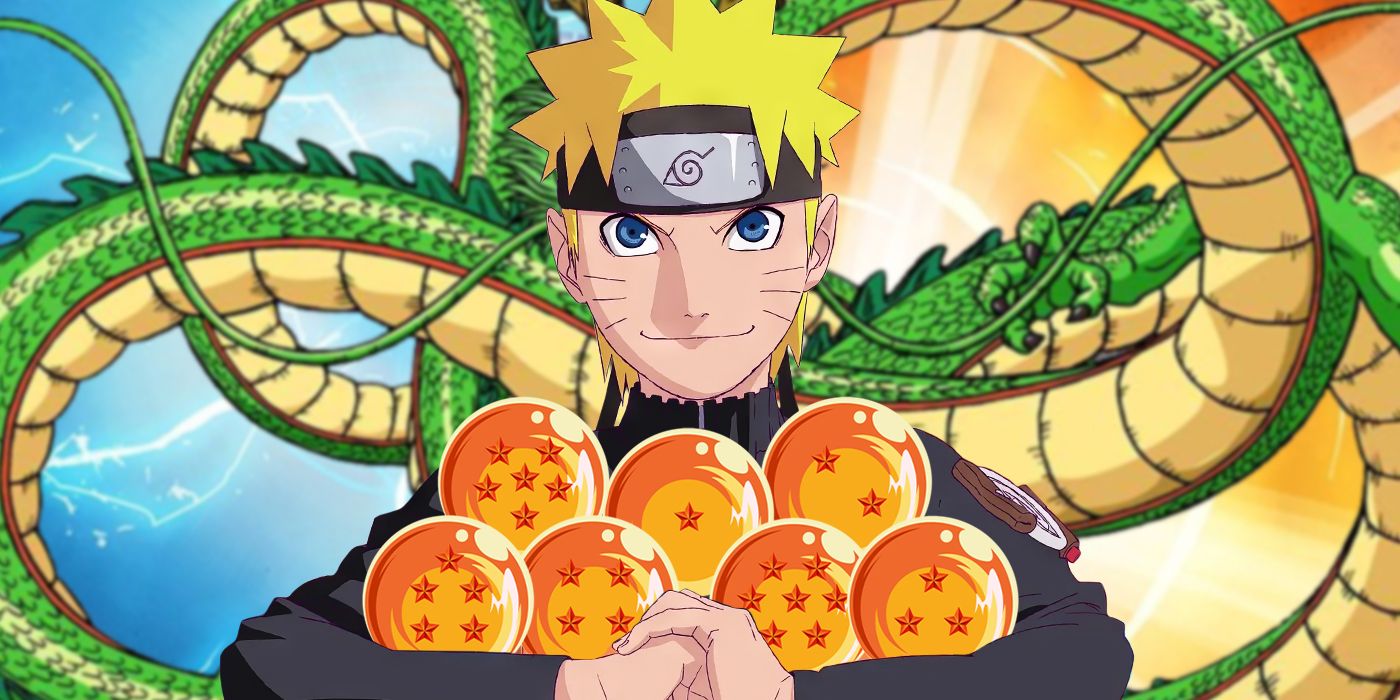 Naruto holding all of the Dragon Balls with Shenron behind him