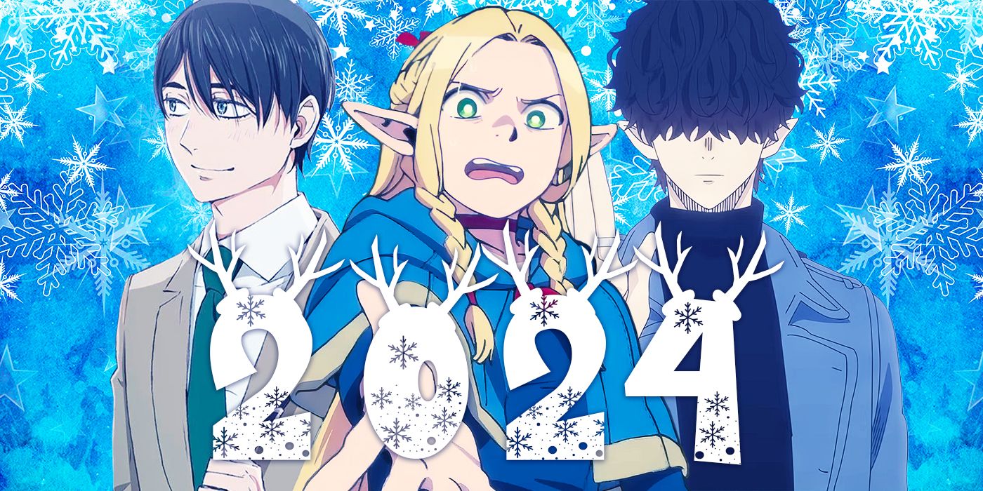 Characters from Dungeon Meshi, Cherry Magic, Mr. Villain's Day Off featured on a snowy background for 2024