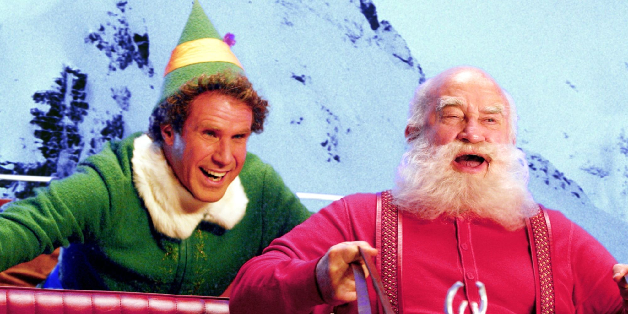 Ed Asner and Will Ferrell riding a sleigh through the north pole in Elf