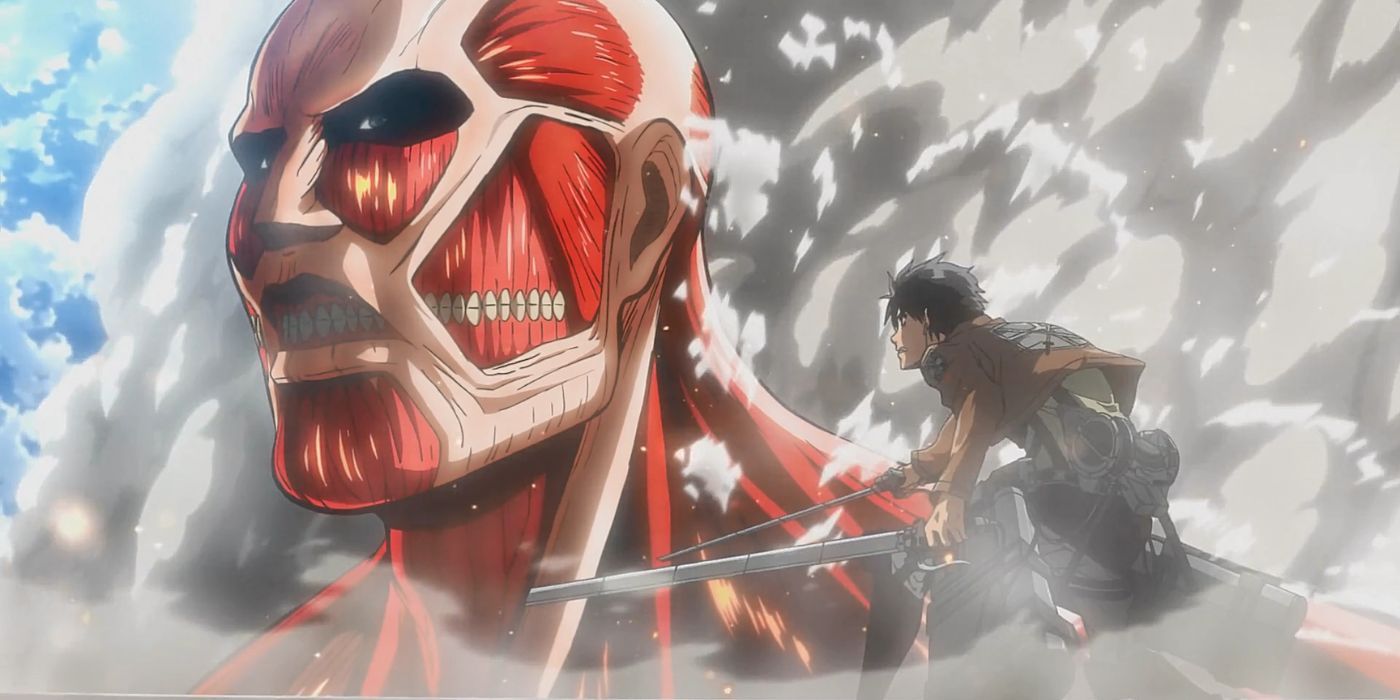 Eren faces off with the Colossal Titan during the Struggle for Trost in Attack on Titan