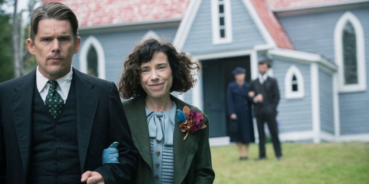 Ethan Hawke and Sally Hawkins as Everett and Maud Lewis posing and looking directly at the camera in the film in Maudie