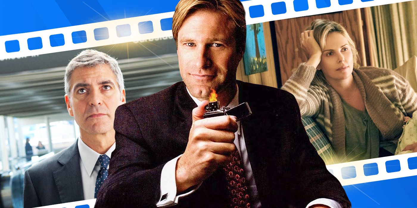 Blended image showing George Clooney, Aaron Eckhart, and Charlize Theron in Jason Reitman movies.