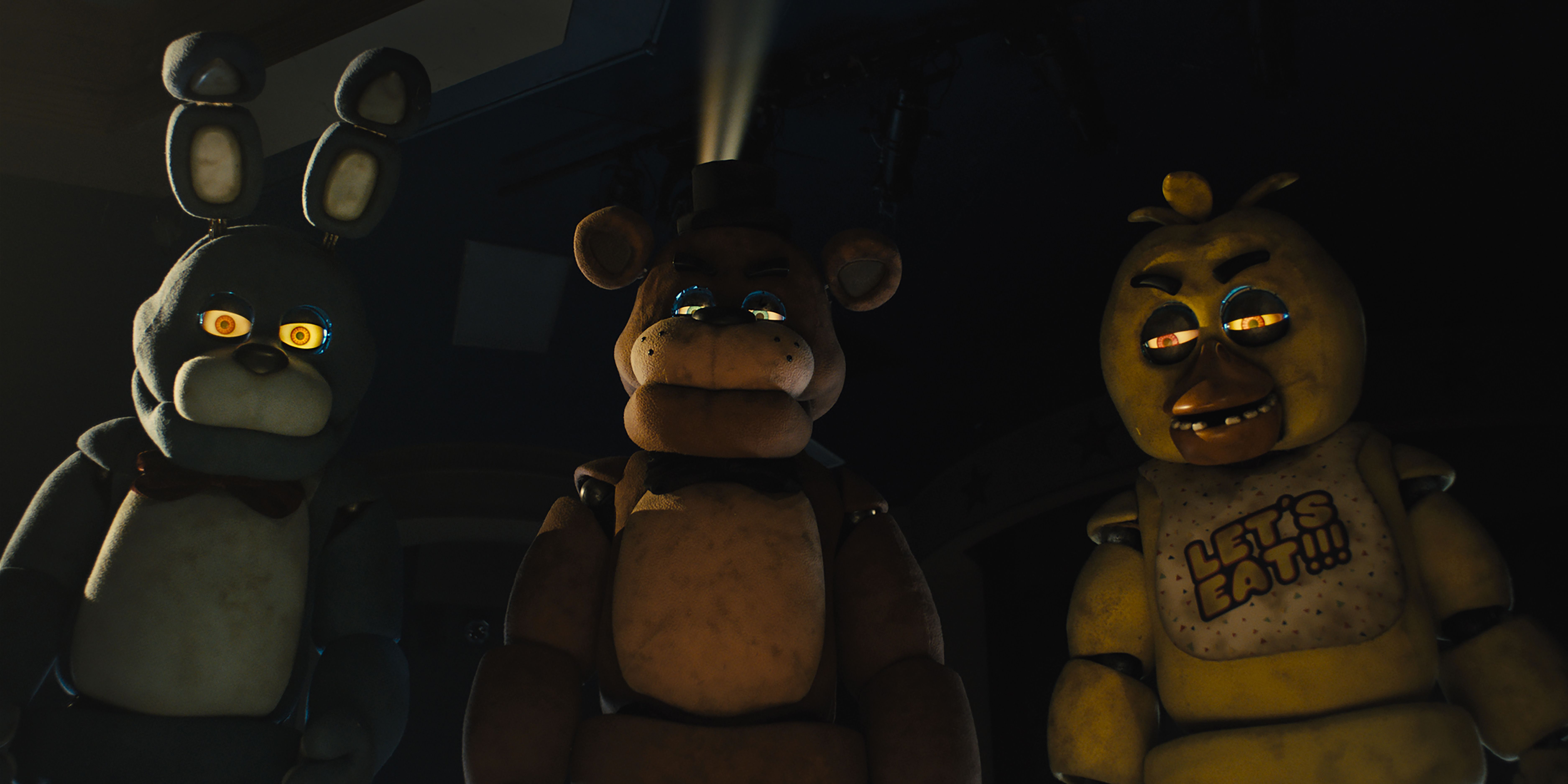 Animatronics Bonnie, Freddy, and Chica looking angrily towards the camera in Five Nights at Freddy's