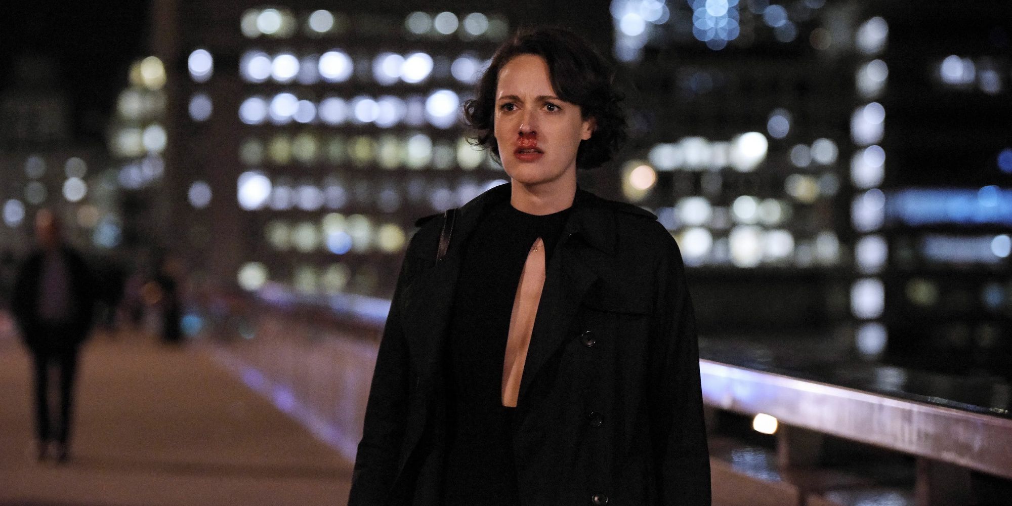 Phoebe Waller-Bridge in Fleabag with a bloody nose in the middle of the street.