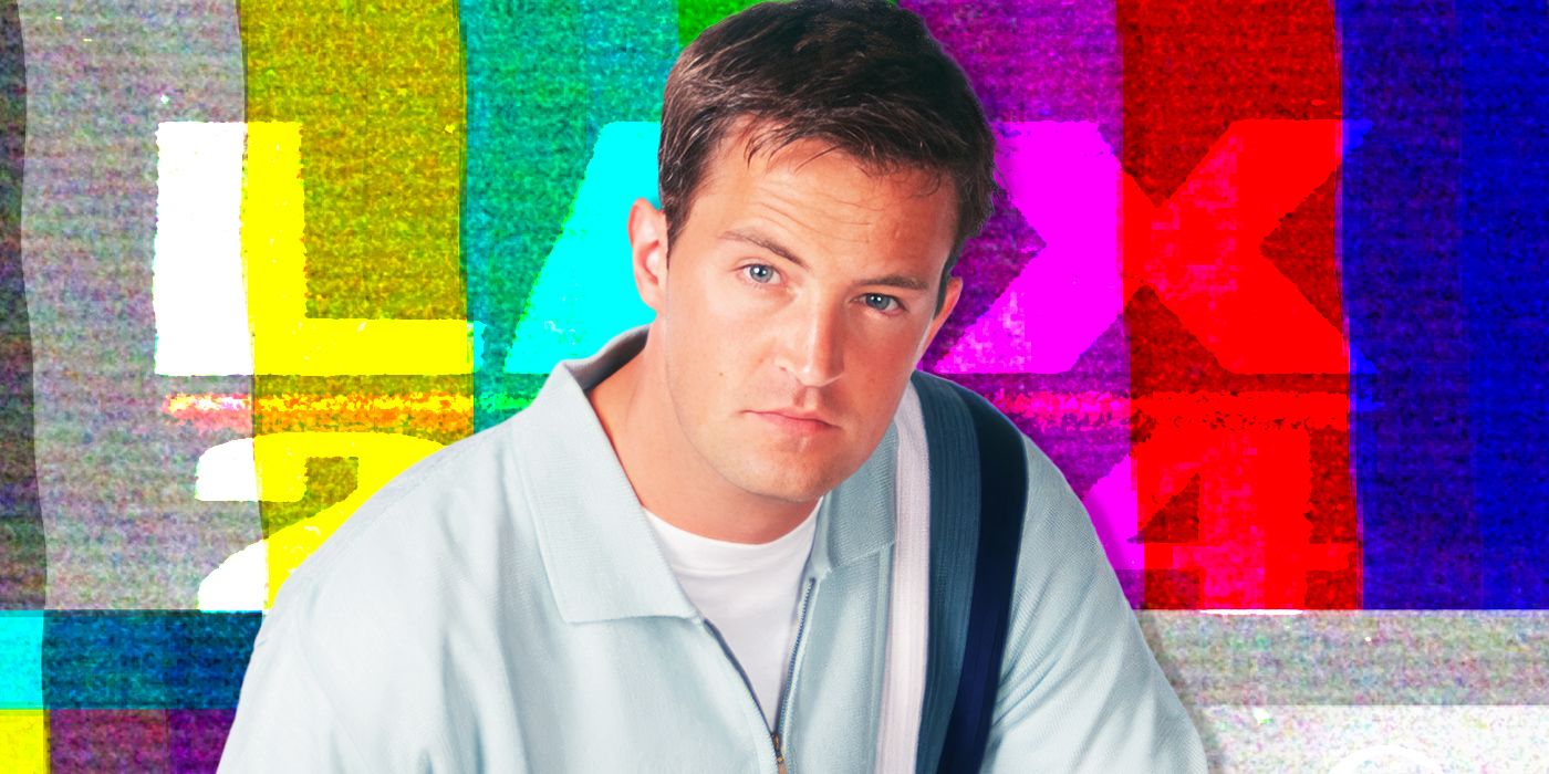 A Collider custom image of Matthew Perry in Friends in front of a colored background that says LAX-2194