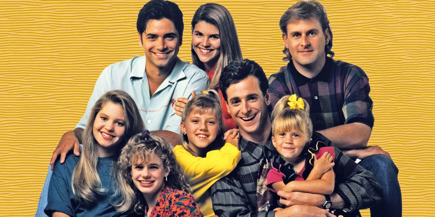 A custom image of the main cast of Full House set against a yellow background