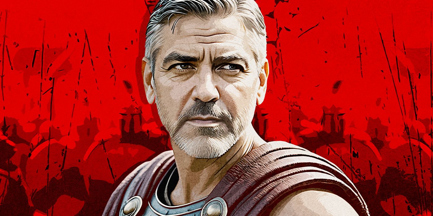 A custom image of George Clooney wearing a breastplate, set against red background