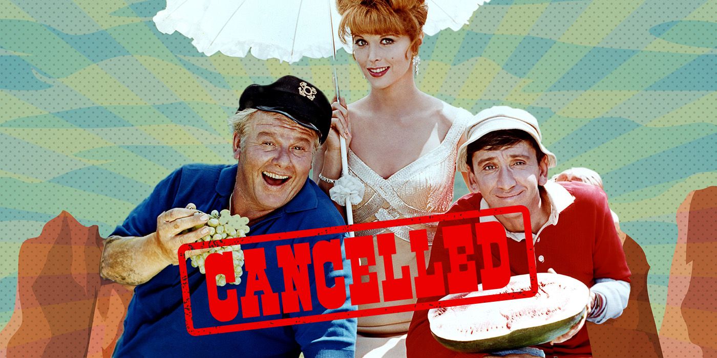 The cast of Gilligan's island over a Western backdrop with the word CANCELLED stamped over them