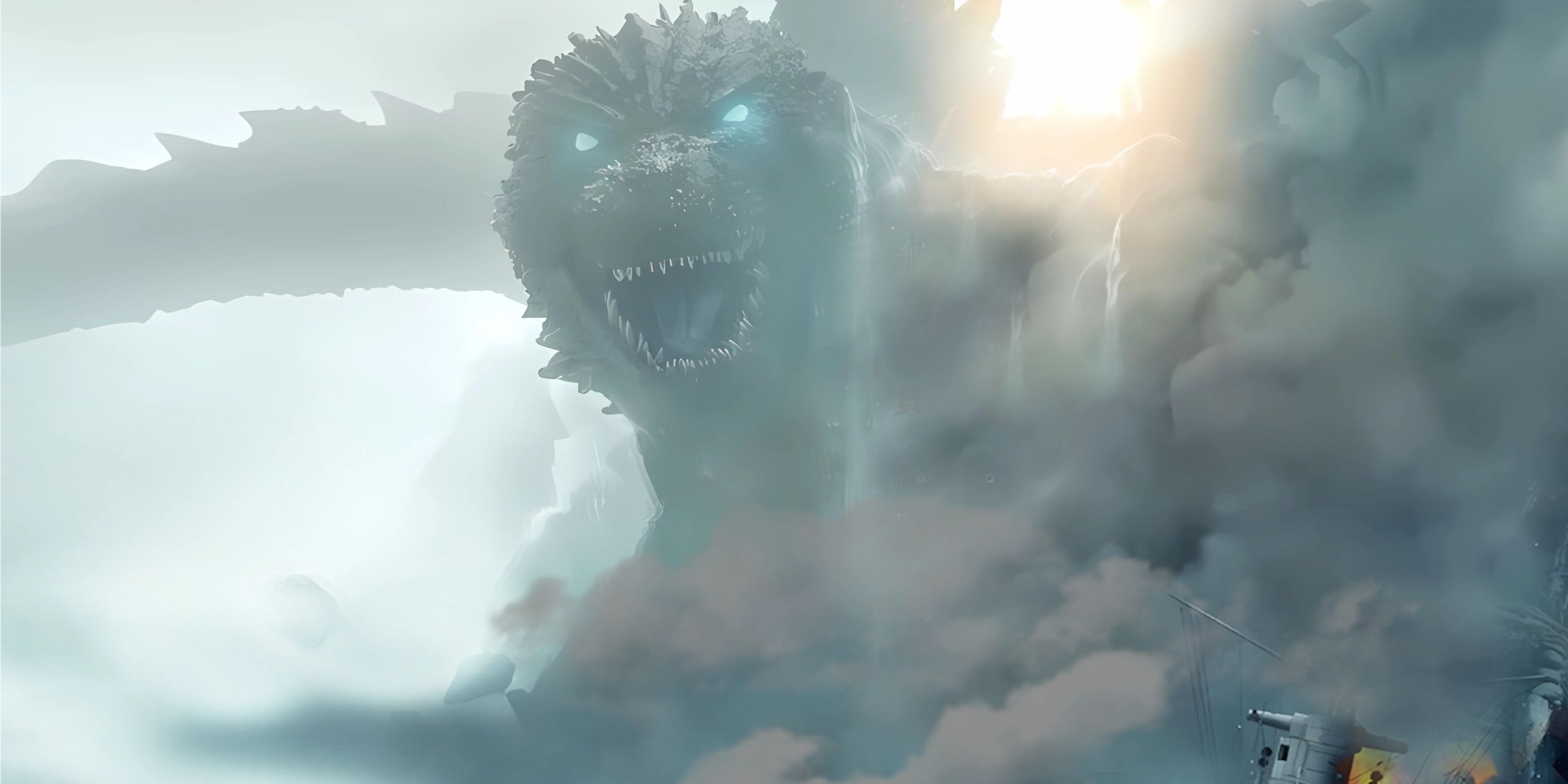 Godzilla emerging from smoke with glowing eyes in Godzilla Minus One