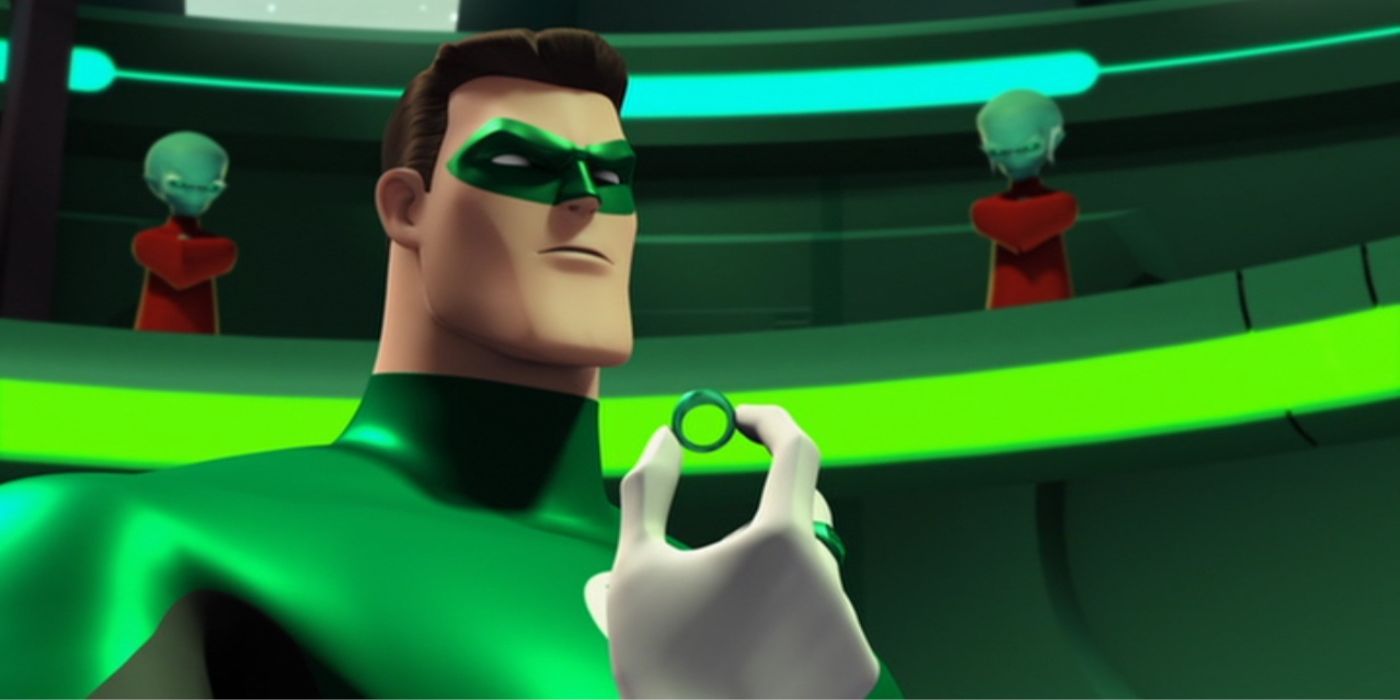 Serie animada de Green Lantern con Hal Jordan mirando hacia arriba con su anillo