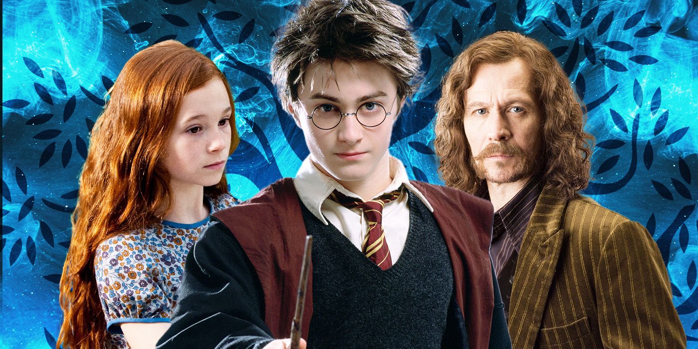 Ellie Darcey-Alden, Daniel Radcliffe, and Gary Oldman as Young Lily Potter, Harry Potter, and Sirius Black in front of a blue tree