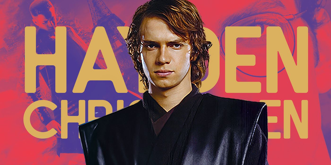 Blended image showing Hayden Christensen in Revenge of the Sith with his name in the background in large letters.