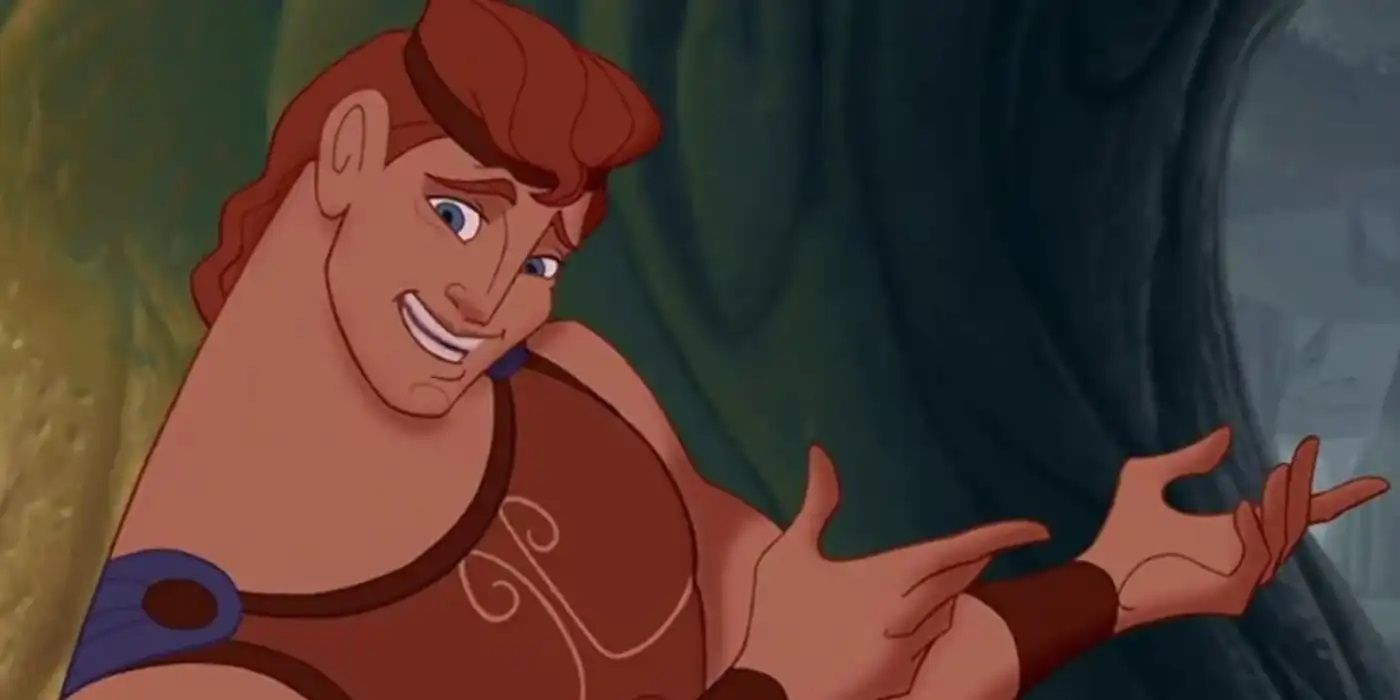 Hercules gesturing to Pegasus and smiling clumsily in Disney's Hercules