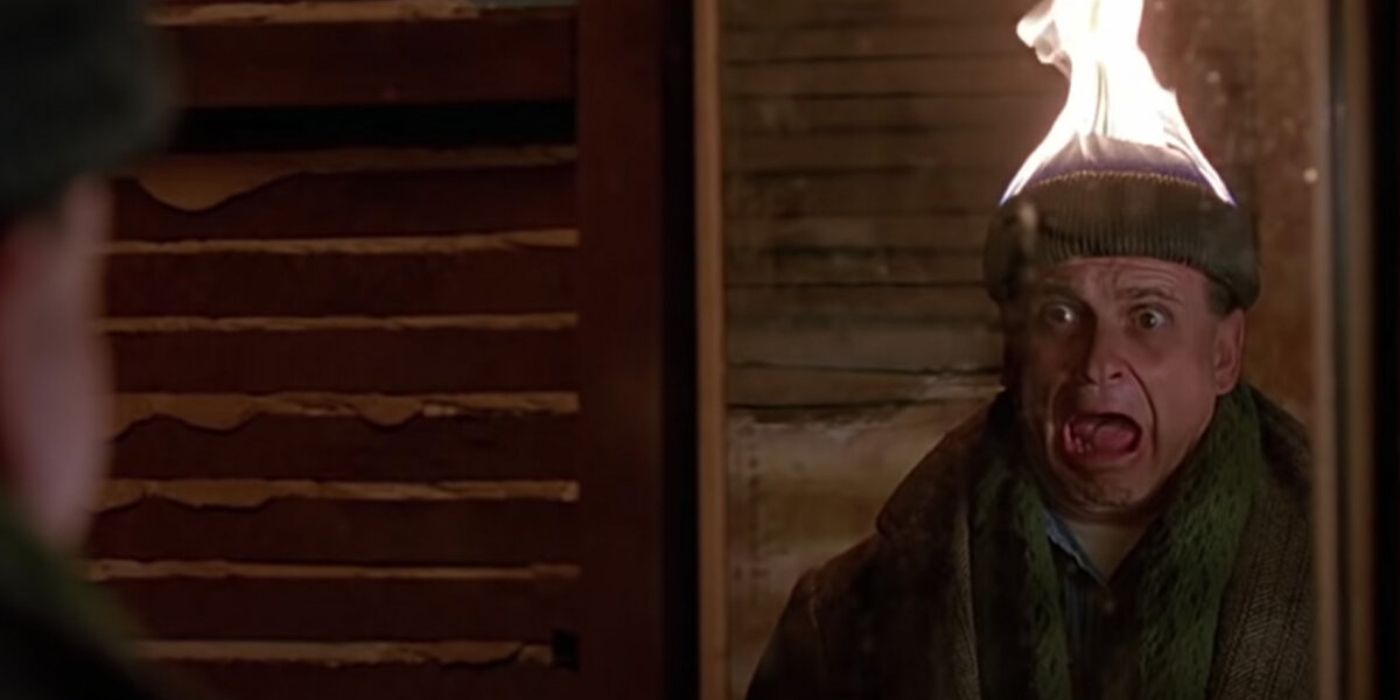 Joe Pesci with his beanie on fire in Home Alone 2: Lost in New York