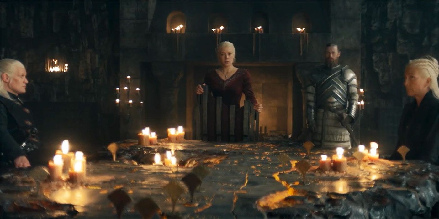 Emma D'Arcy as Rhaenyra Targaryen, Matt Smith as Daemon Targaryen, Eve Best as Rhaenys Targaryen, and Elliott Tittensor as Erryk Cargyll in House of the Dragon Season 2