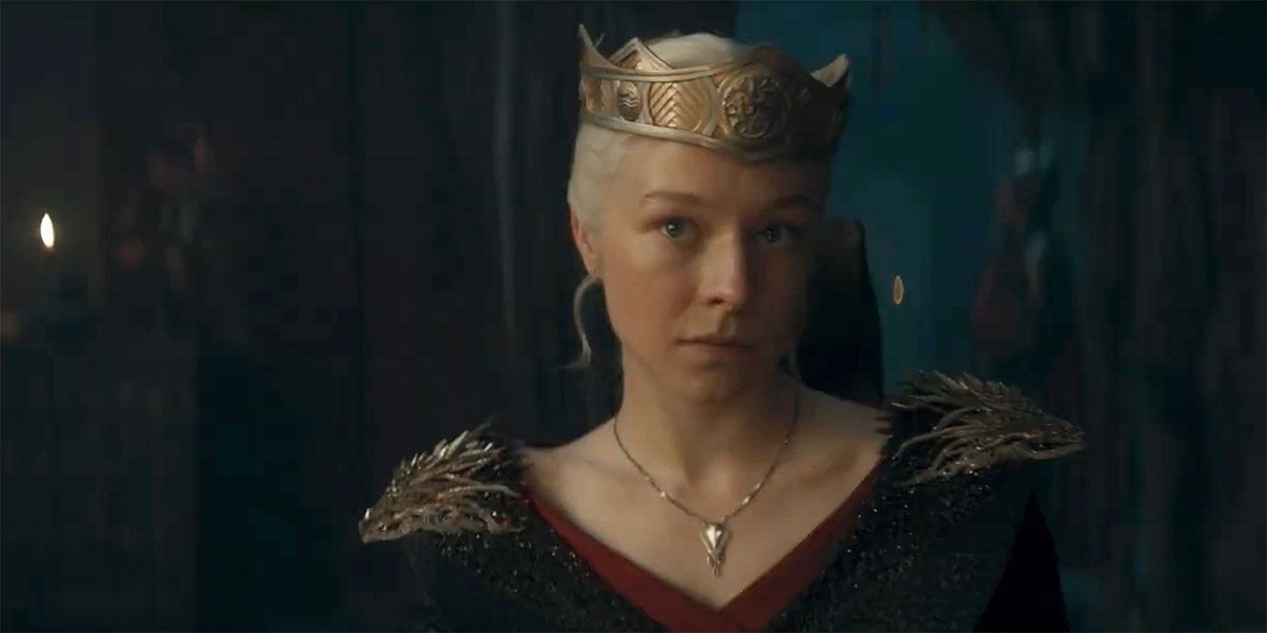 Rhaenyra Targaryen sits wearing Jaehaerys' crown in House of the Dragon Season 2