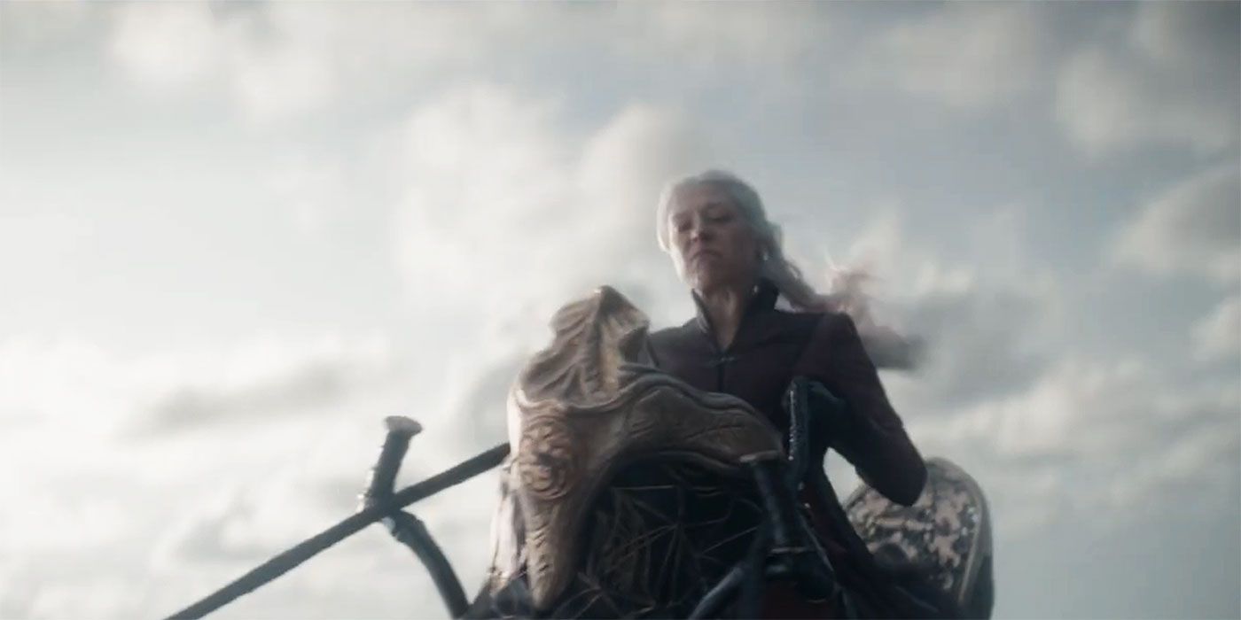 Emma D&rsquo;Arcy as Rhaenyra Targaryen riding Syrax in House of the Dragon Season 2