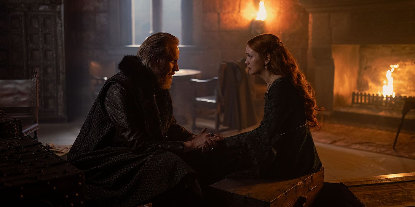 Otto and Alicent Hightower hold hands during an emotional conversation in House of the Dragon Season 2