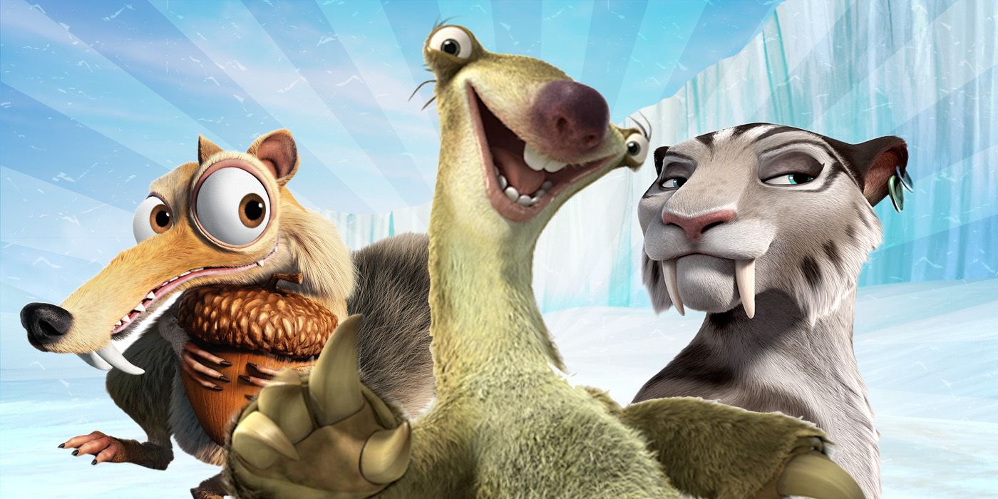 Ice Age characters together in front of an icy terrain