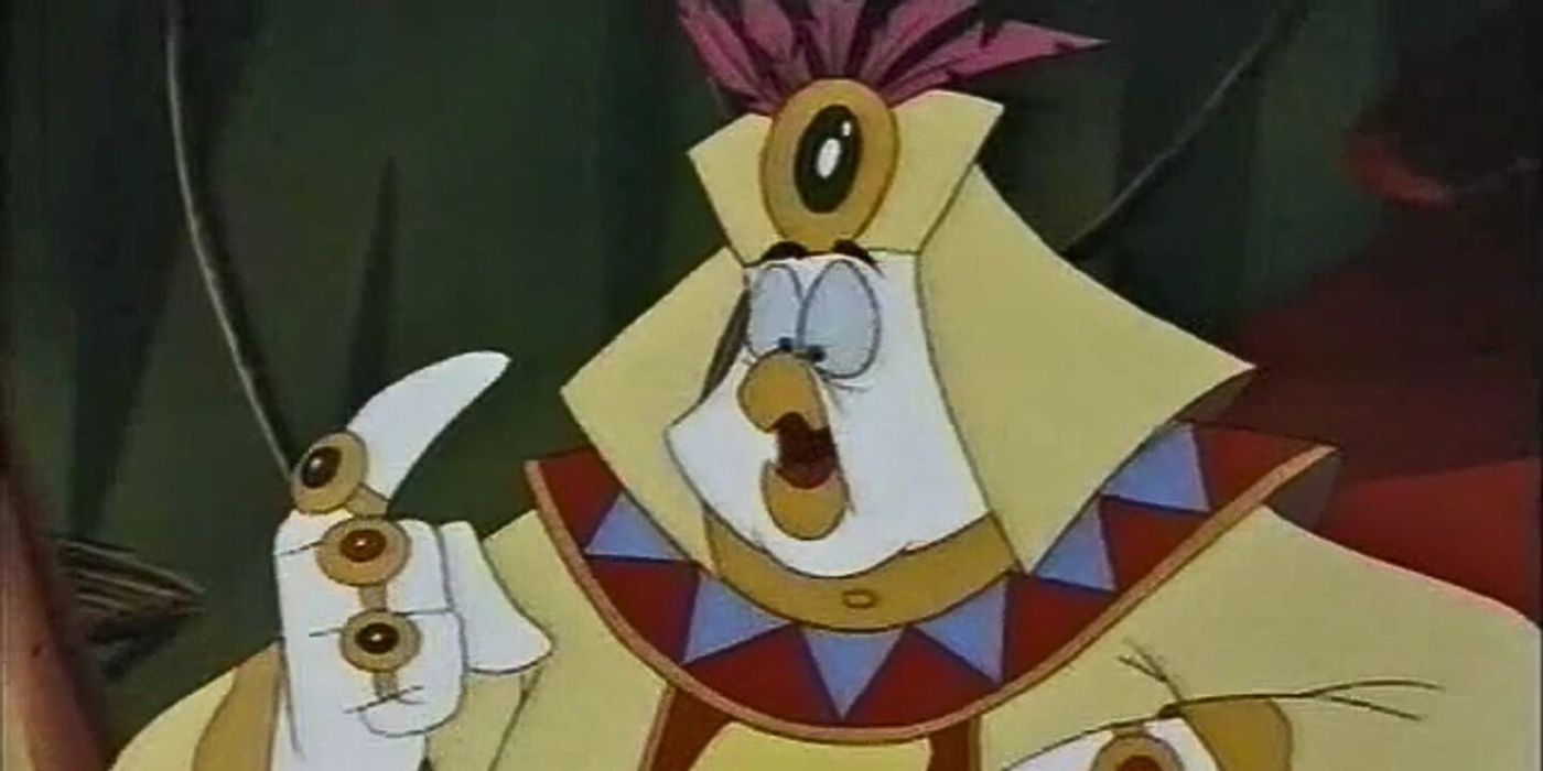 the animated bird Squire Trelawney from 'The Legends of Treasure Island' wearing a headpiece and jewels