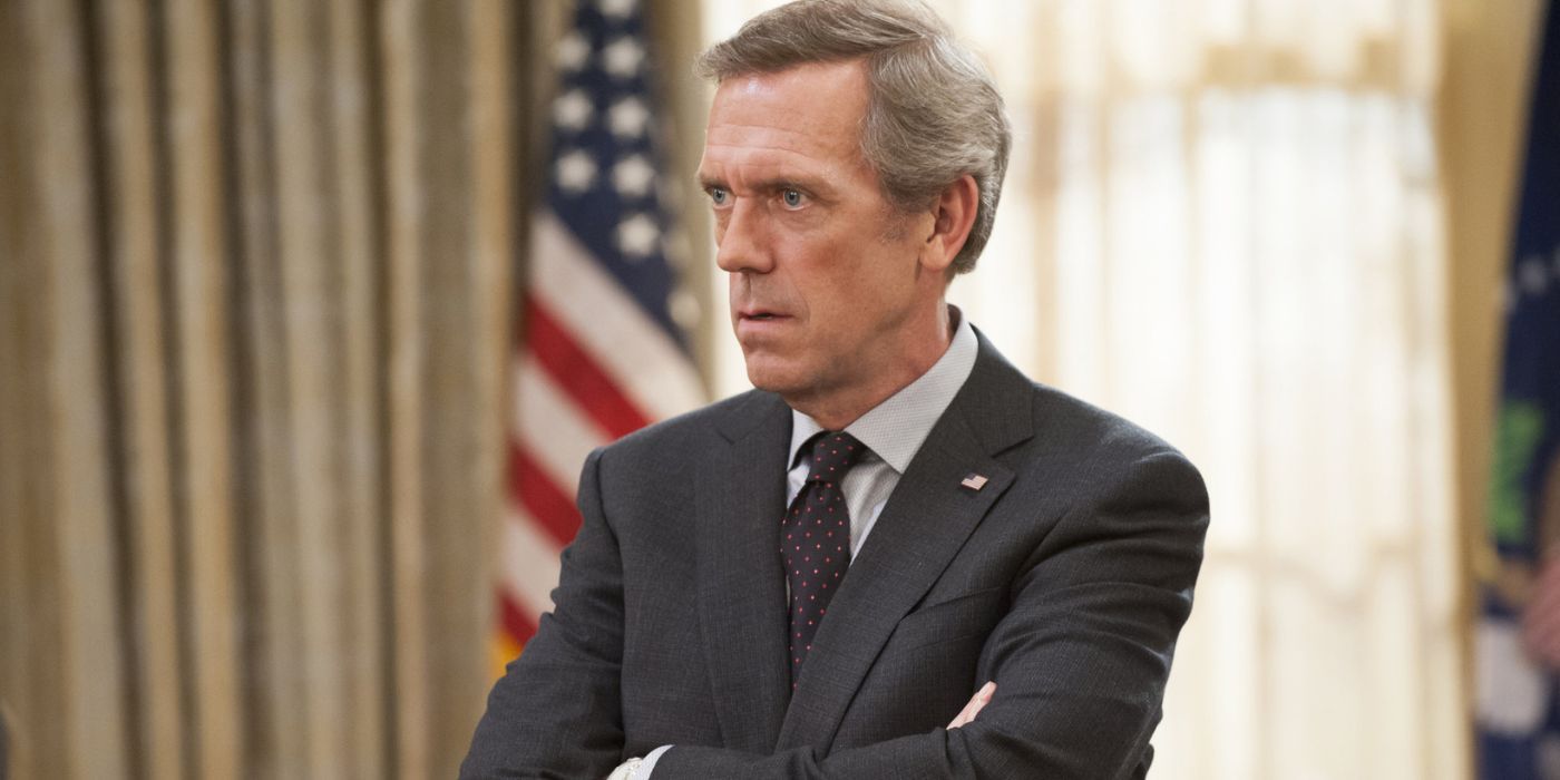 Hugh Laurie as Tom James in the Oval Office with his arms closed in Veep