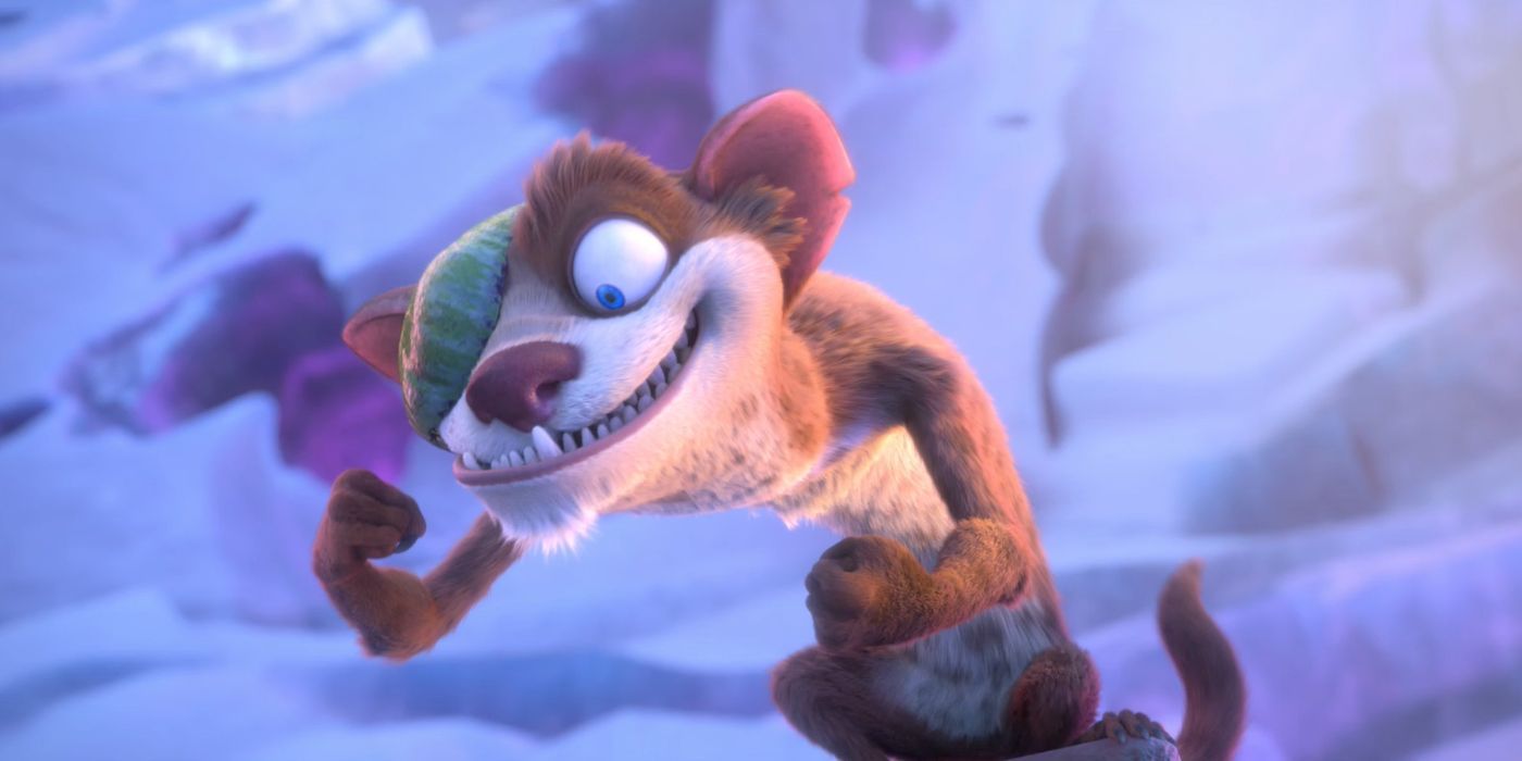 Buck the weasel smiling excitedly in the Ice Age franchise 