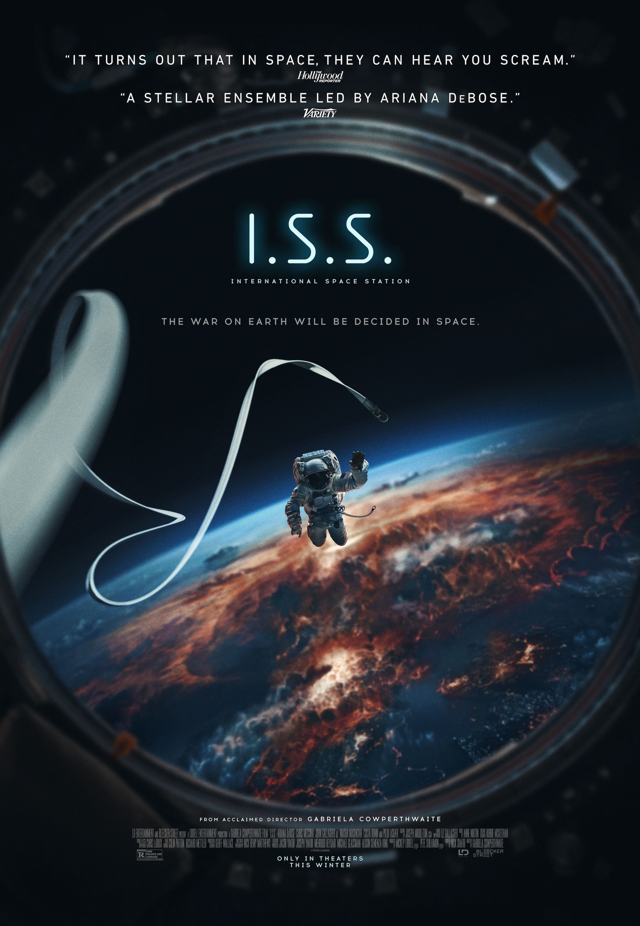 Movie Poster for I.S.S.featuring an astronaut drifting away from a window over a world filled with explosions