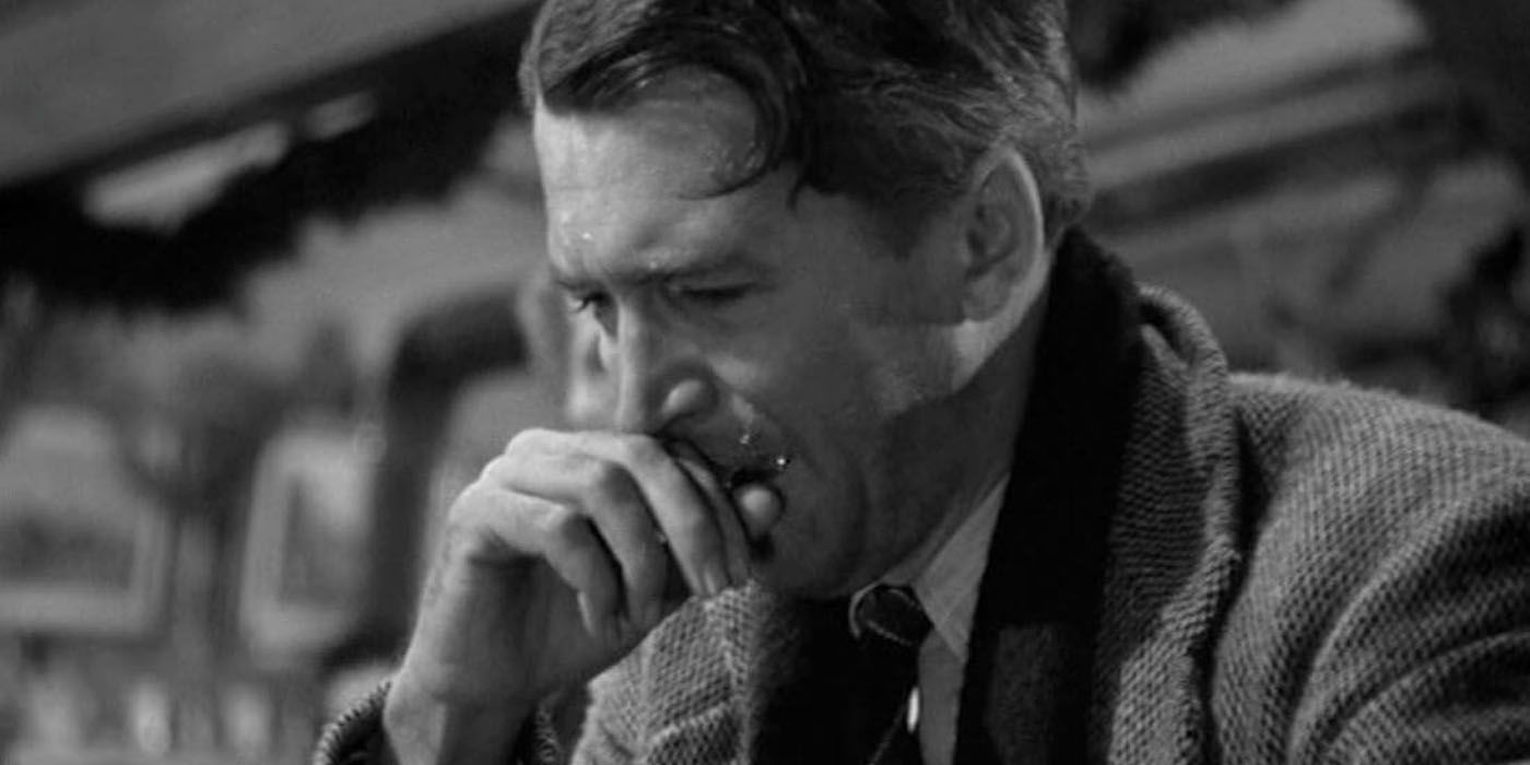George Bailey (Jimmy Stewart) crying in a bar in It's a Wonderful Life