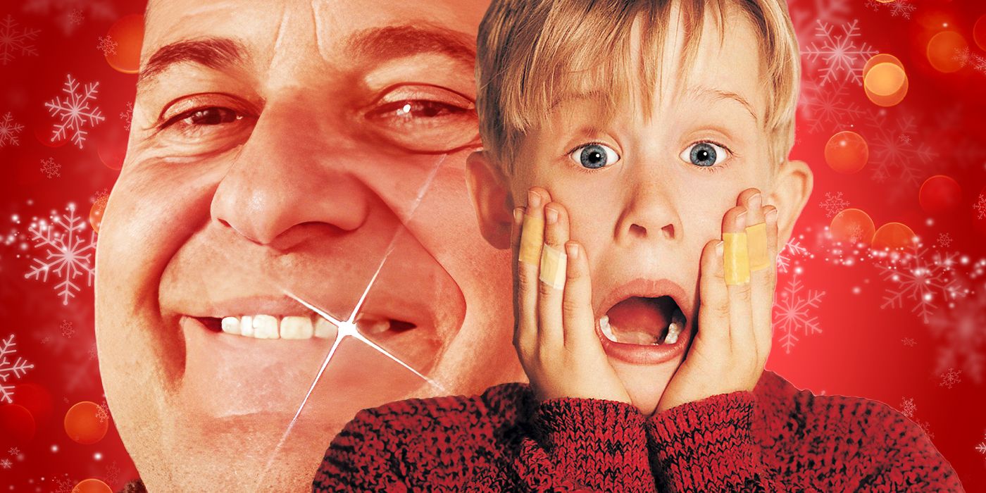 Joe Pesci smiling with a twinkle and Macaulay Culkin in the iconic Home Alone pose but with band-aids on his fingers