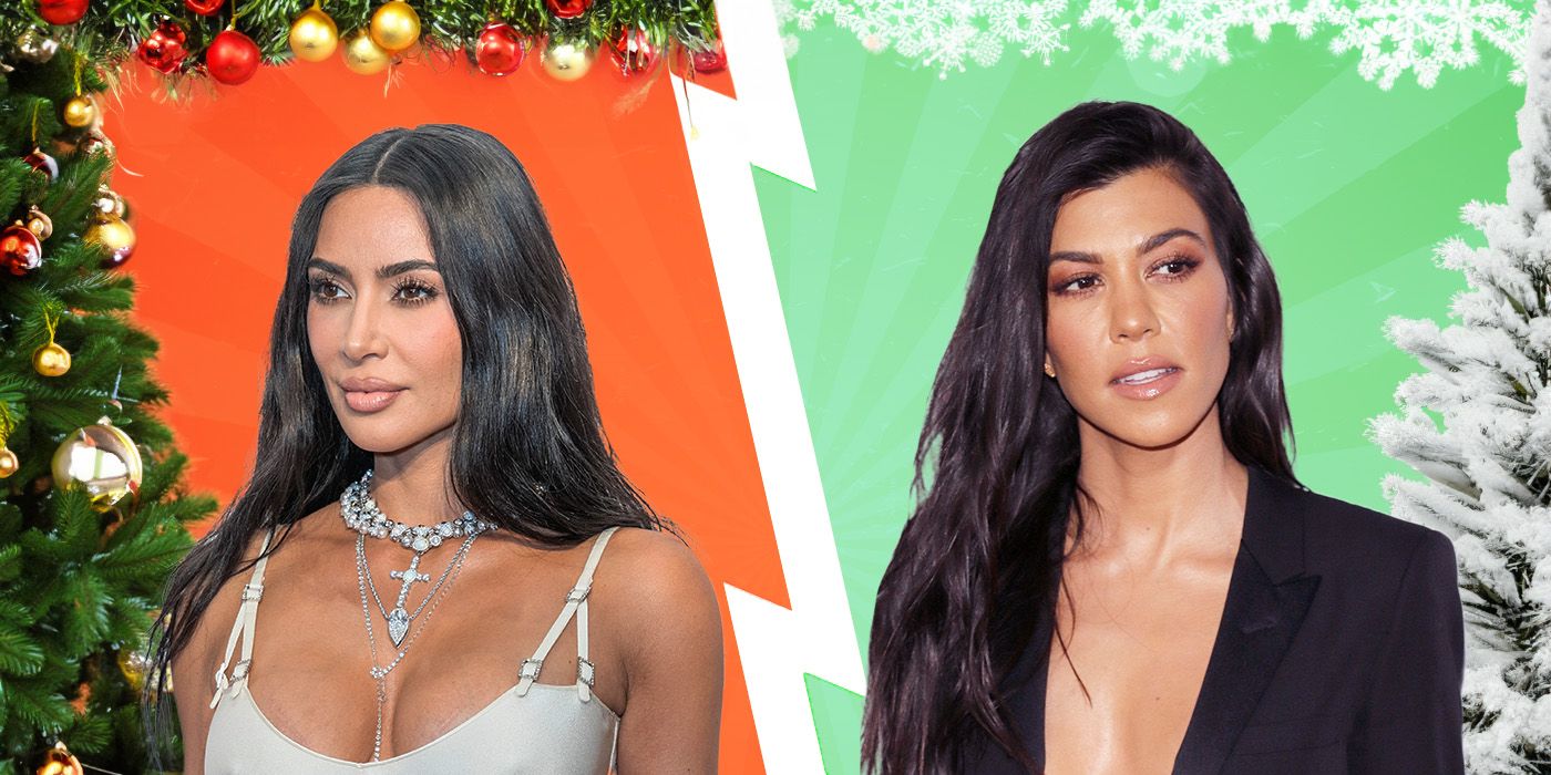 (l to r) Kim and Kourtney Kardashian pose and smile with Christmas decor surrounding them