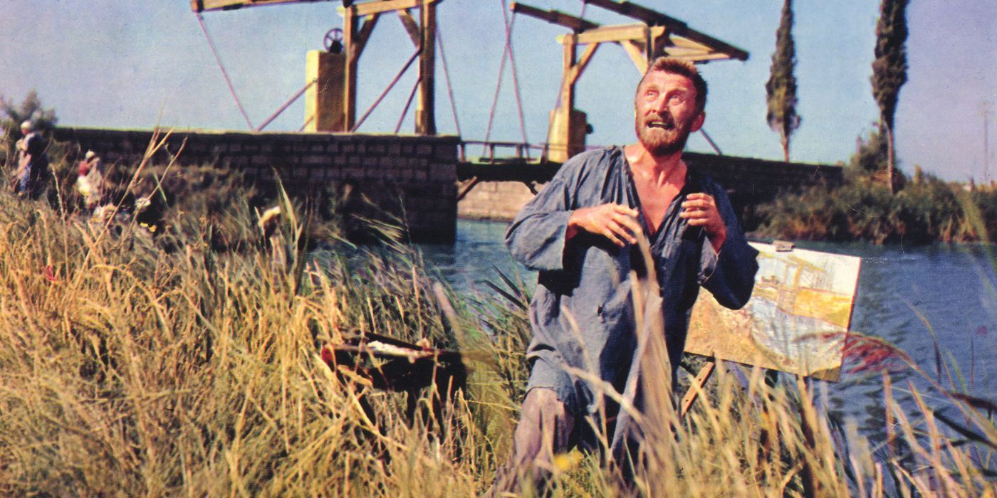 Kirk Douglas as Vincent Van Gogh screaming in pain while on a field in the film Lust for Life