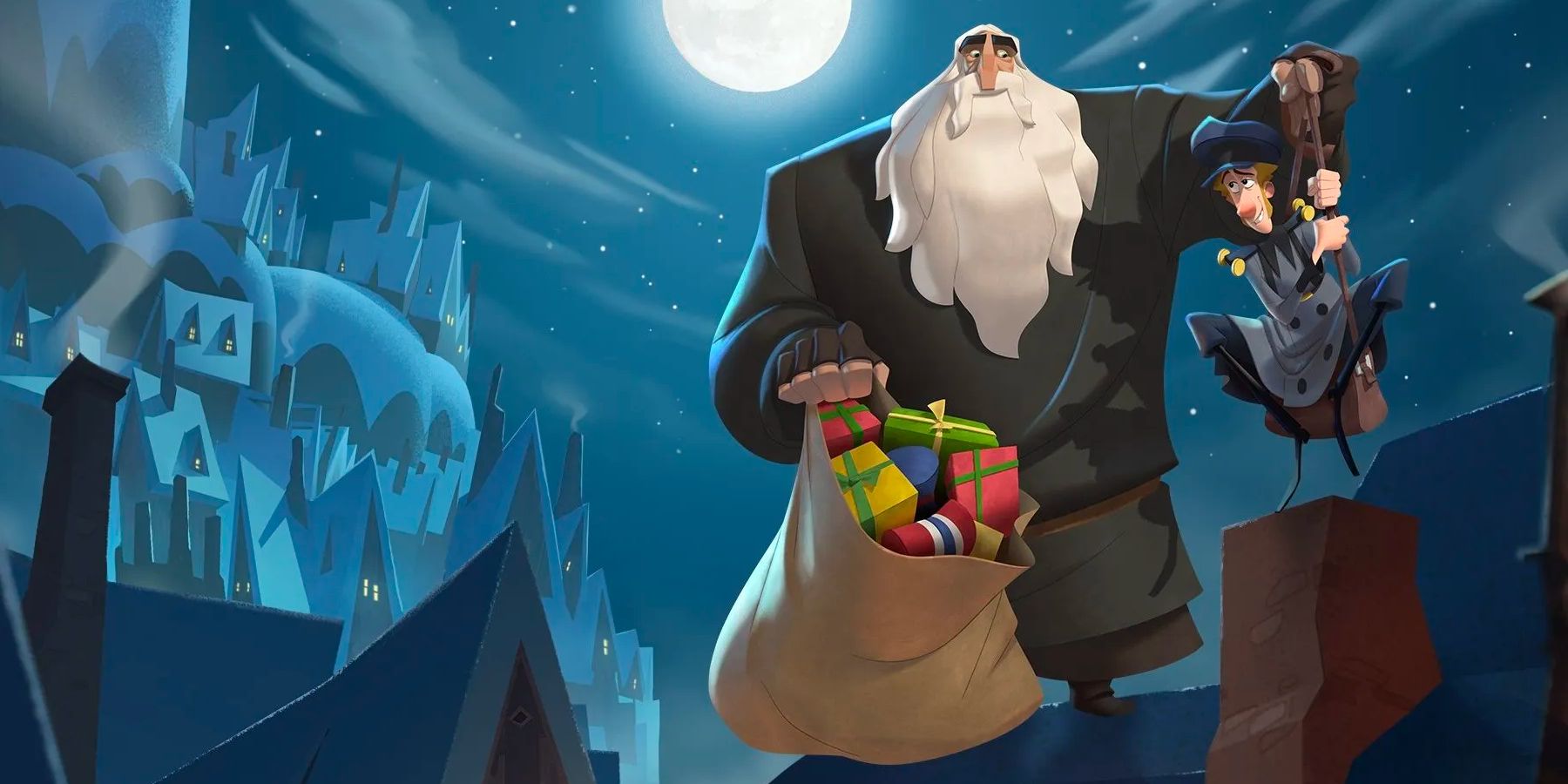 A large, bearded man with a sack of toys helps a postman out of a chimney in 'Klaus'